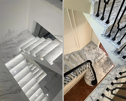 Marble staircase | Comparison of charm between Volakas marble and Arabescato marble